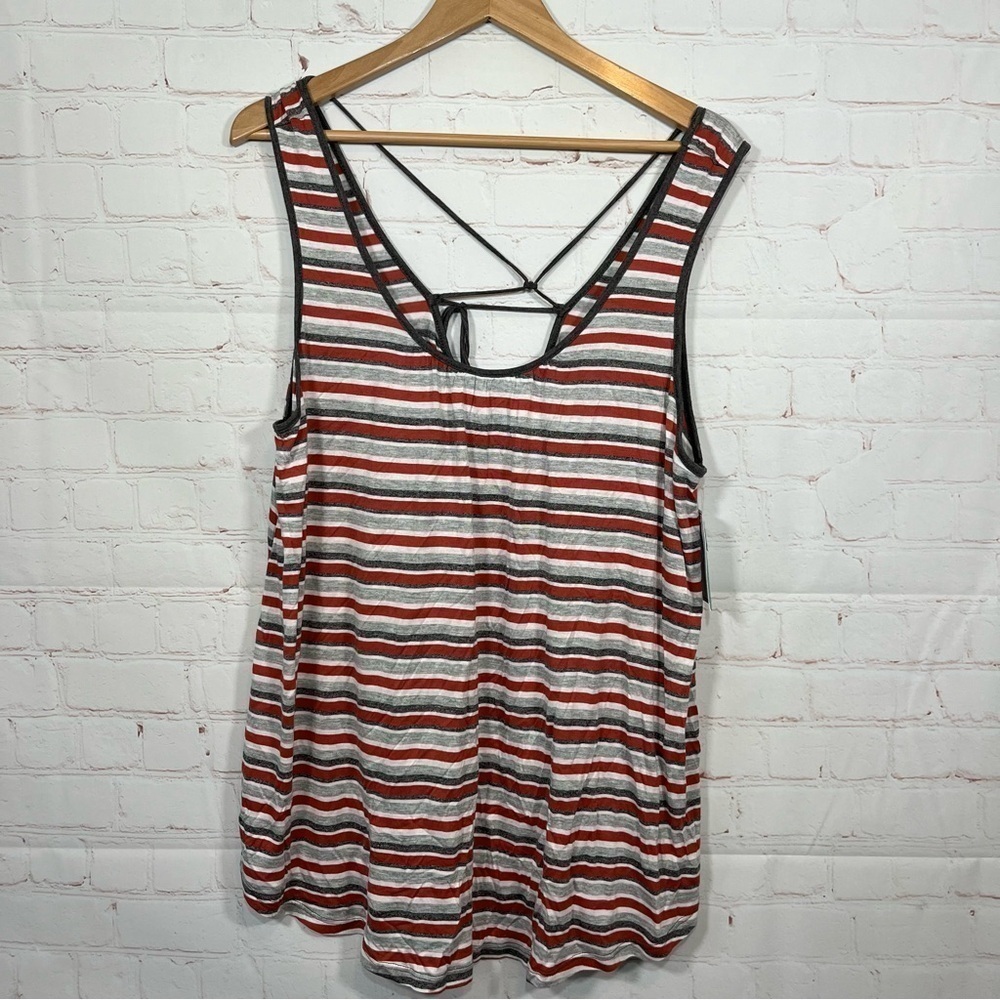 Susina Blouse Womens 2X Red Gray Striped Sleeveless Top Shirt Tie Back New